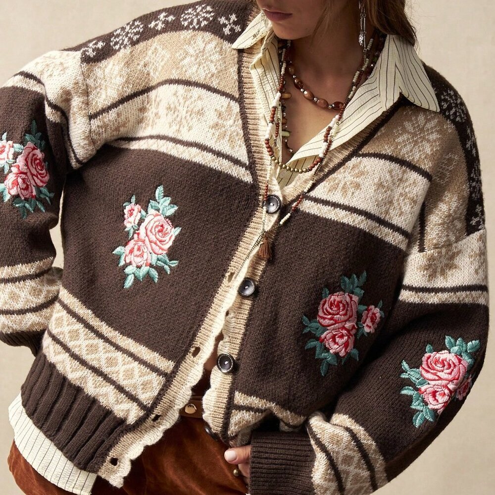 Mocha Brown Boho Women's Floral Embroidered Knit Jacquard Sweater Cardigan - Picture 8 of 8